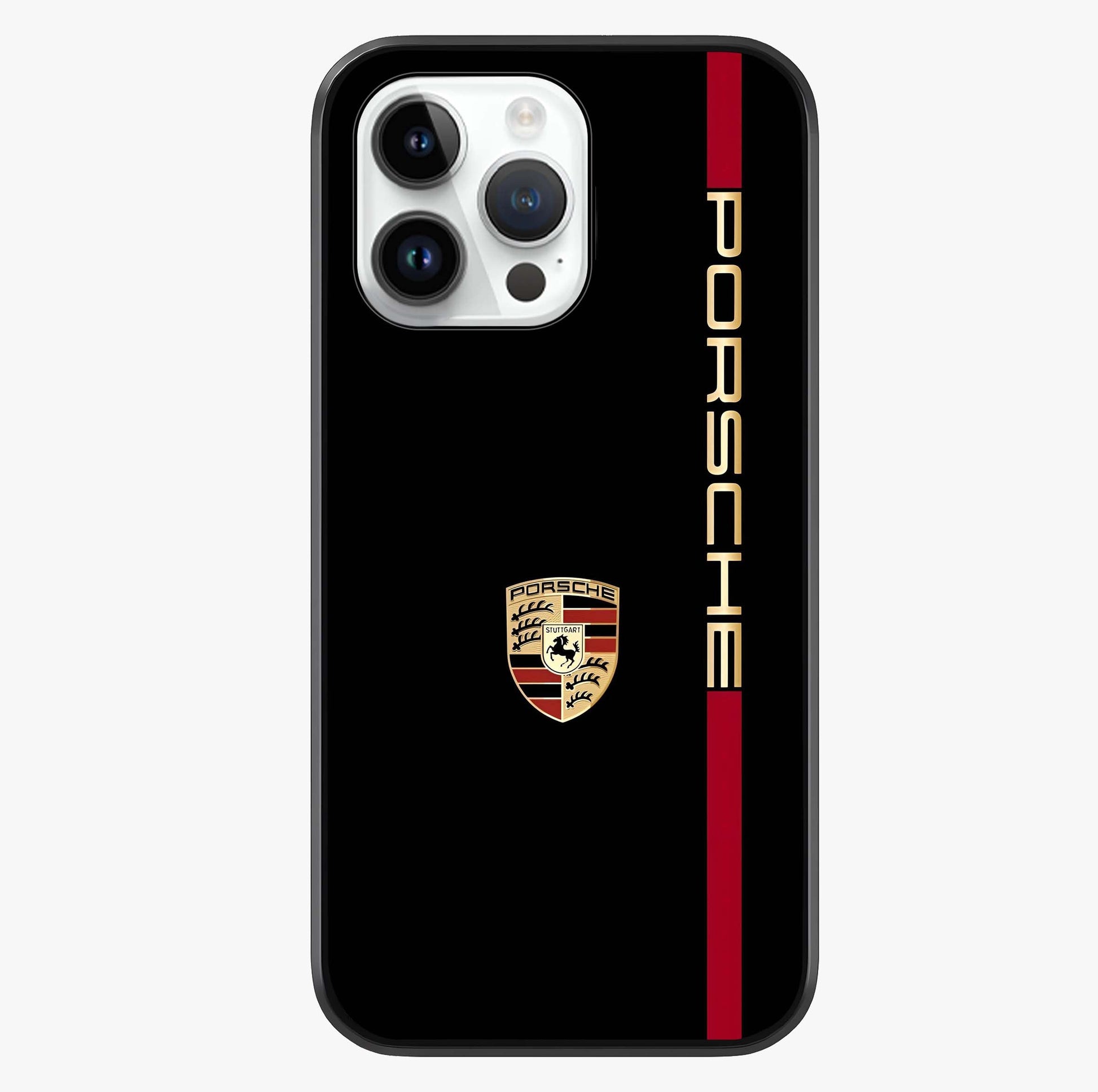 Black Minimal Porsche Glass Case showing full back design in clean flat view with glossy glass finish.