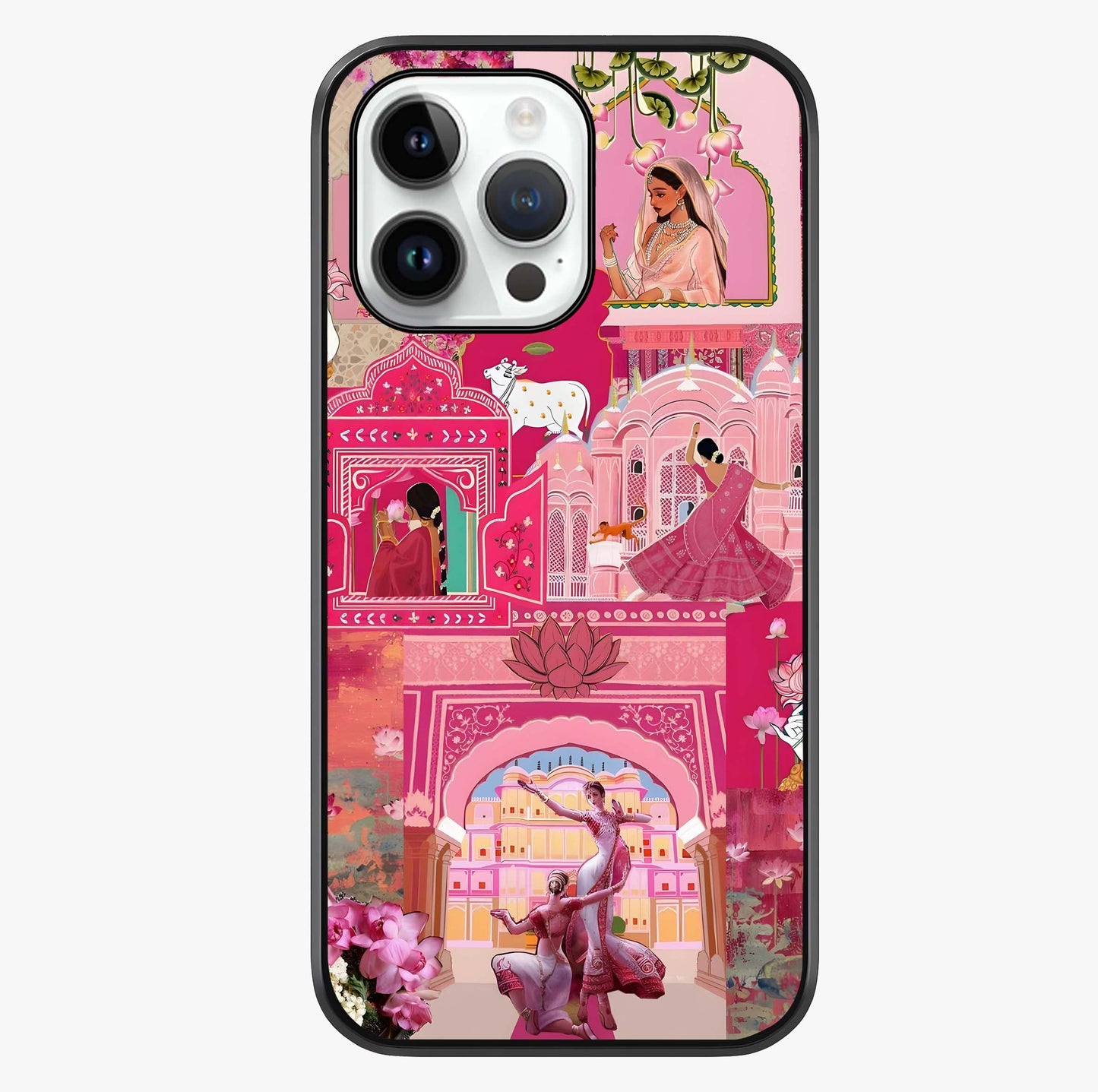 Blossoms Of Rajasthan Glass Case showing full back design in clean flat view with glossy glass finish.