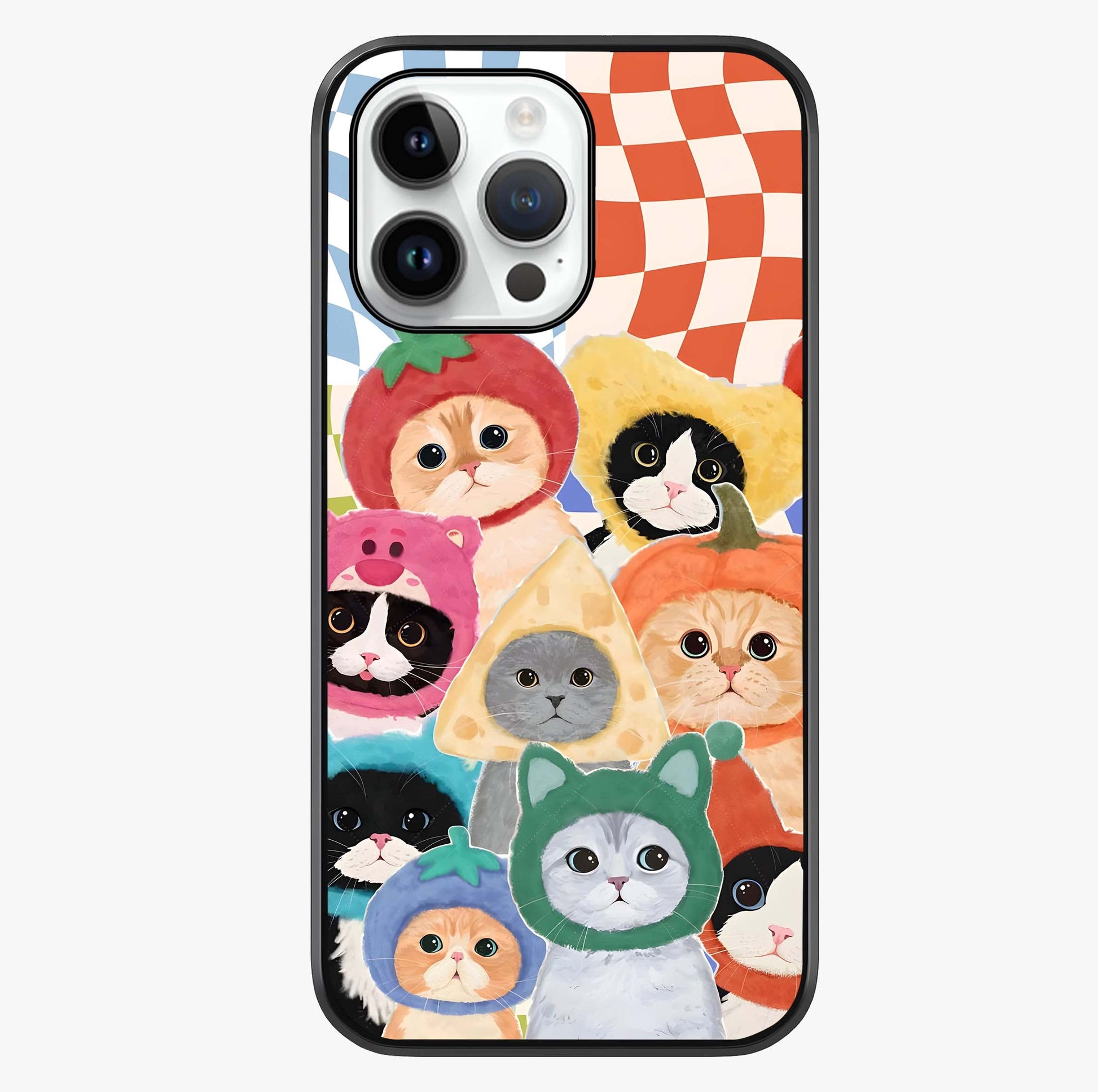 Cats In Fruits Glass Case showing full back design in clean flat view with glossy glass finish.