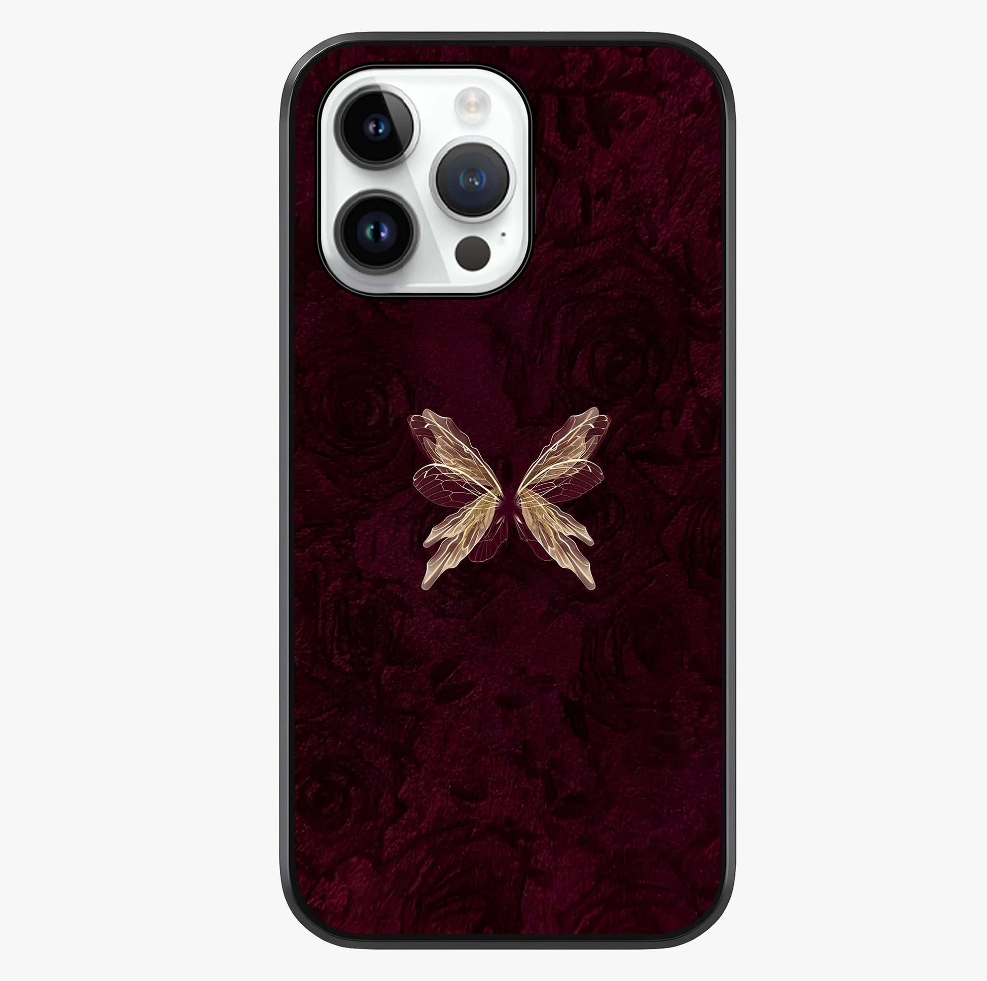 Crimson Fade Butterfly Glass Case showing full back design in clean flat view with glossy glass finish.