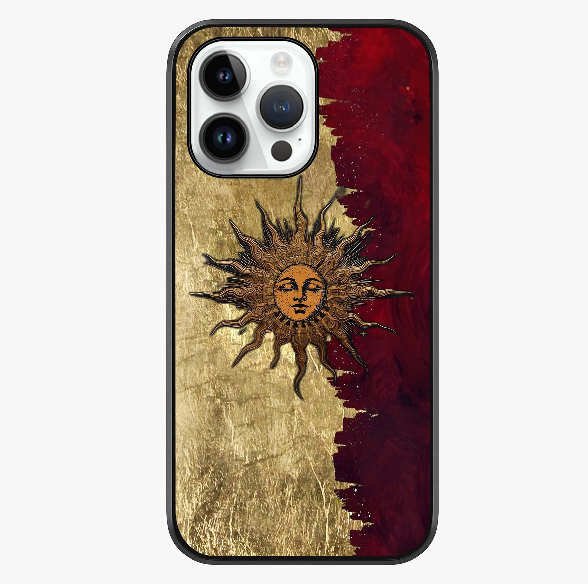 Crimson Sun Majesty Glass Case showing full back design in clean flat view with glossy glass finish.