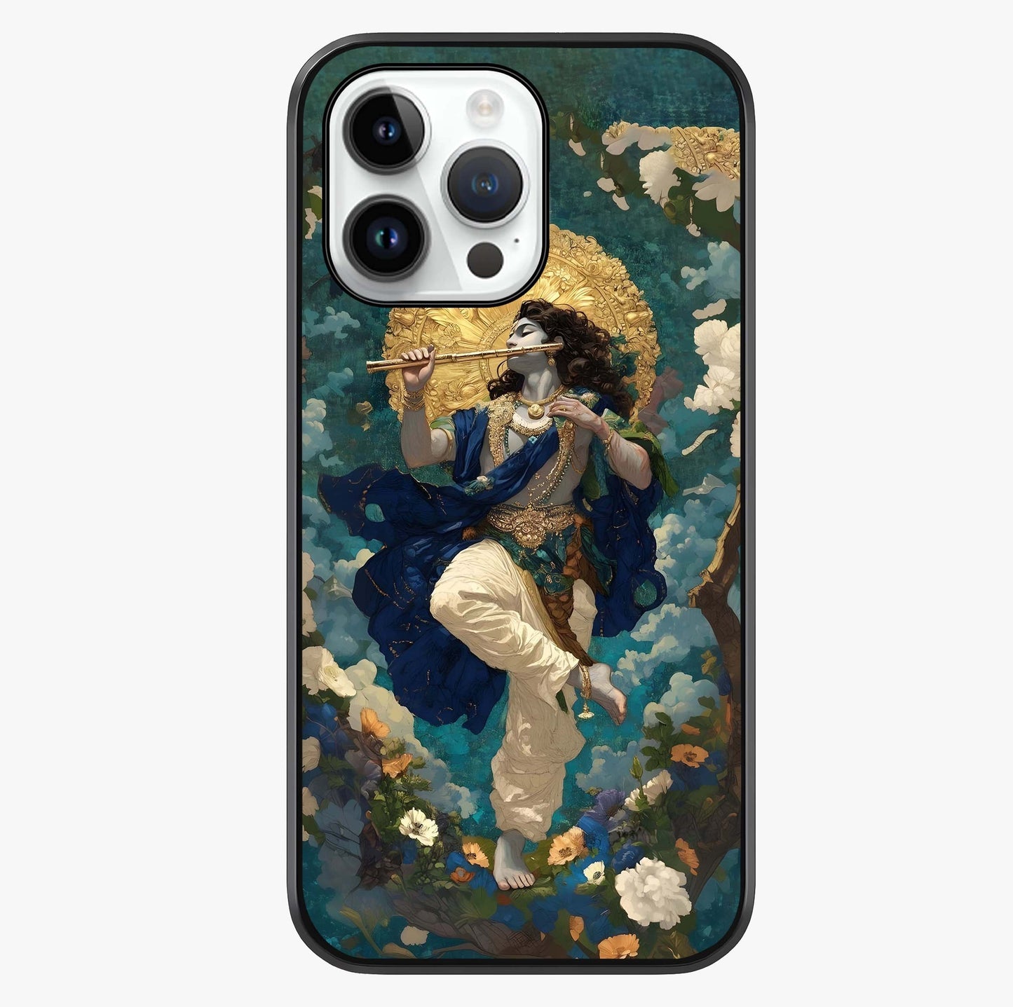 Divine Krishna Art Glass Case showing full back design in clean flat view with glossy glass finish.