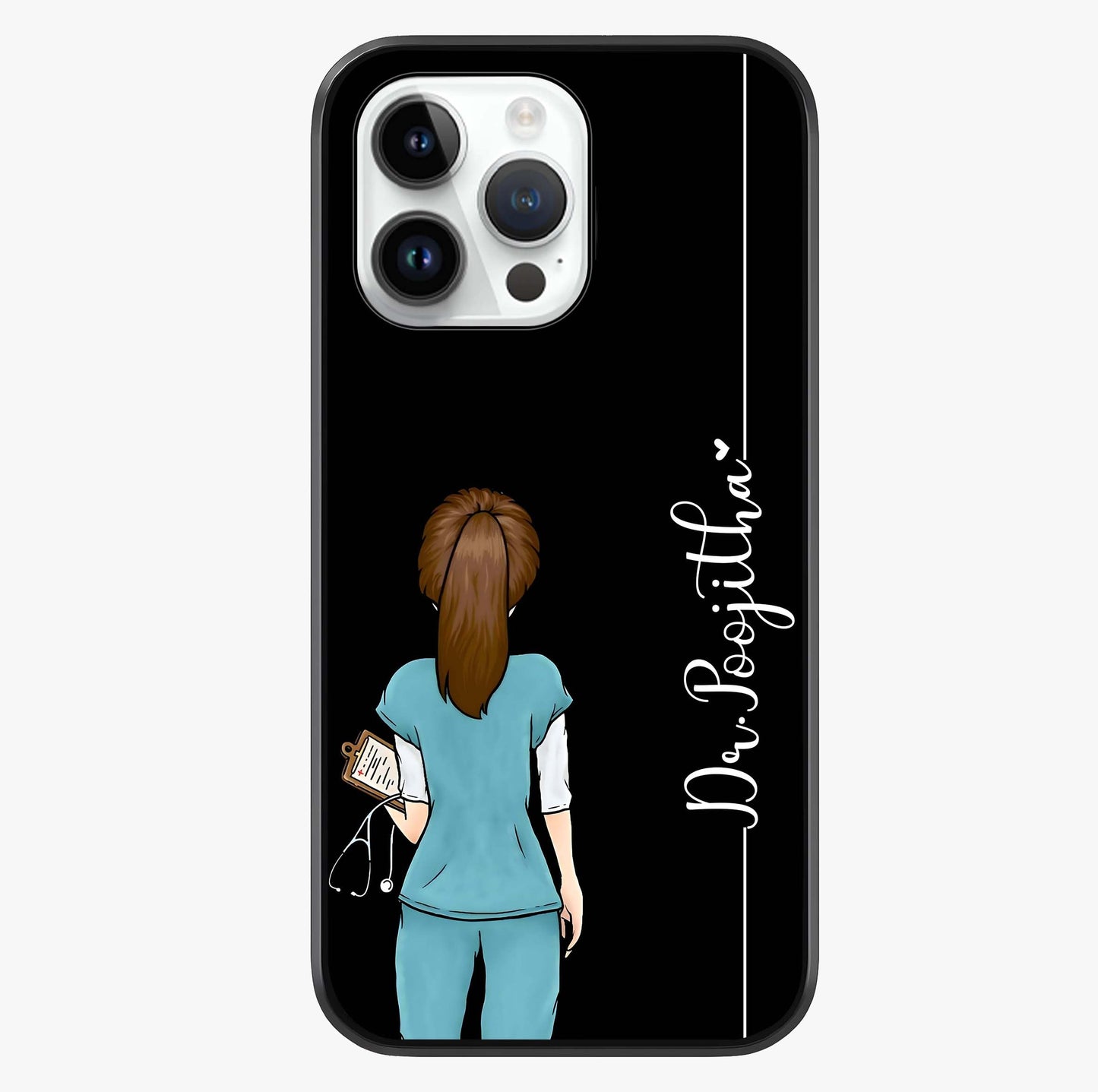 Doctor Pattern Custom Name Glass Case showing full back design in clean flat view with glossy glass finish.