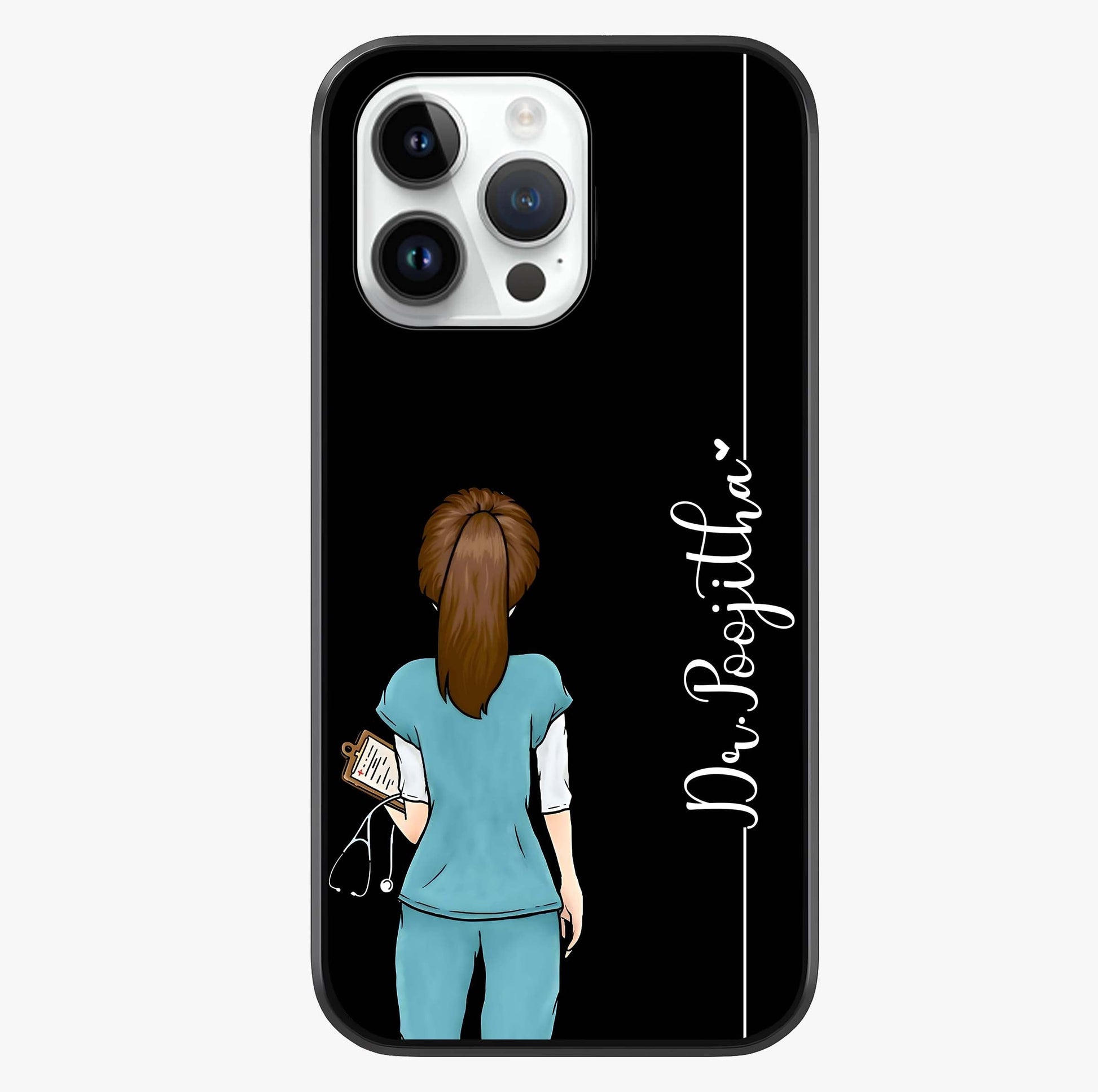 Doctor Pattern Custom Name Glass Case showing full back design in clean flat view with glossy glass finish.