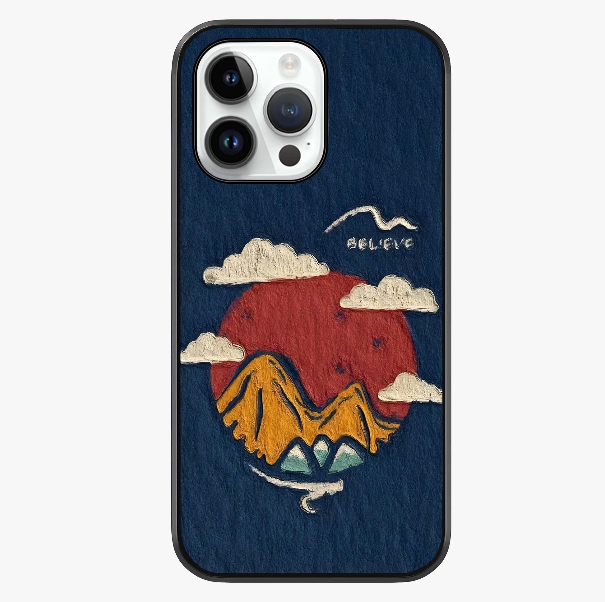 Dream Beyond Mountains Glass Case showing full back design in clean flat view with glossy glass finish.