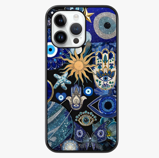 Evil Eye Charm Mix Glass Case showing full back design in clean flat view with glossy glass finish.