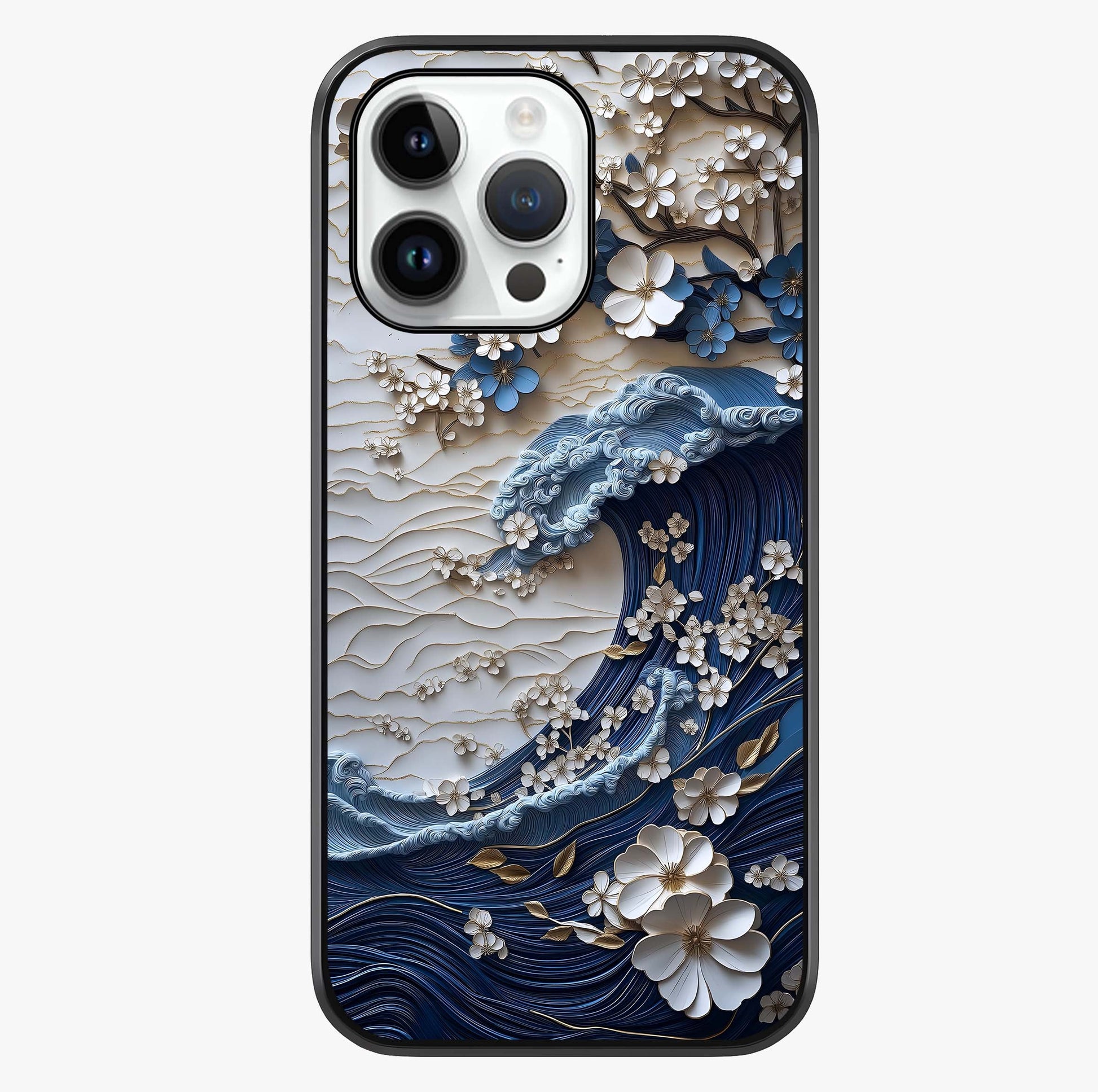 Floral Wave Origami Glass Case showing full back design in clean flat view with glossy glass finish.