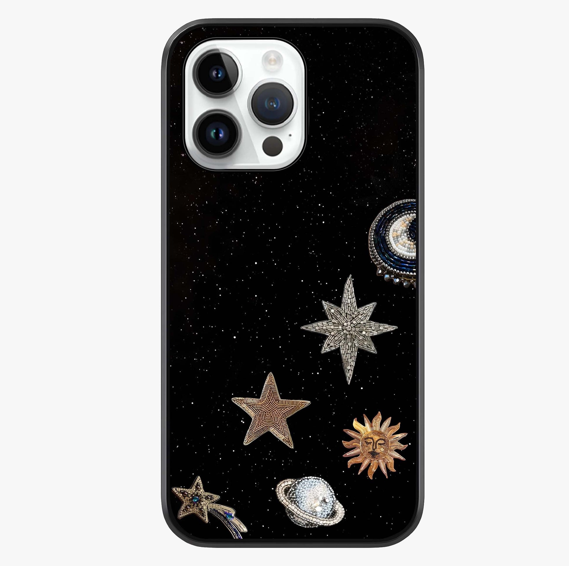 Galactic Charm Glow Glass Case showing full back design in clean flat view with glossy glass finish.