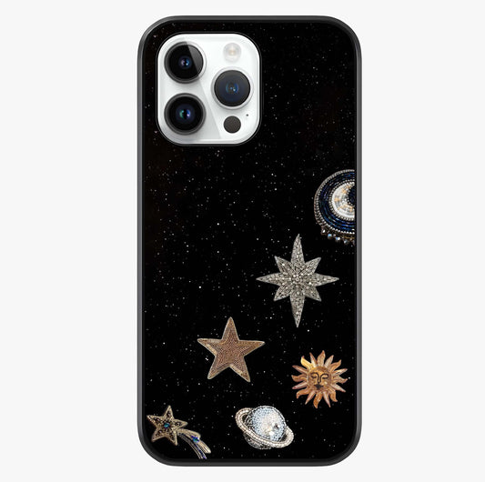 Galactic Charm Glow Glass Case showing full back design in clean flat view with glossy glass finish.