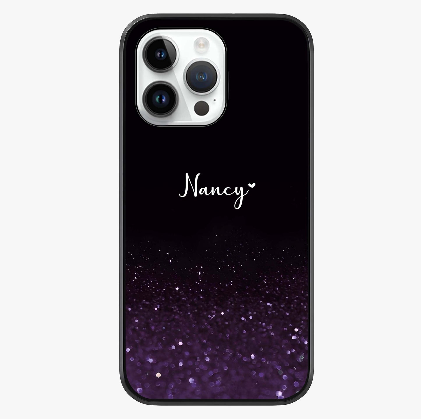 Glittery Purple Bokeh Custom Name Glass Case showing full back design in clean flat view with glossy glass finish.