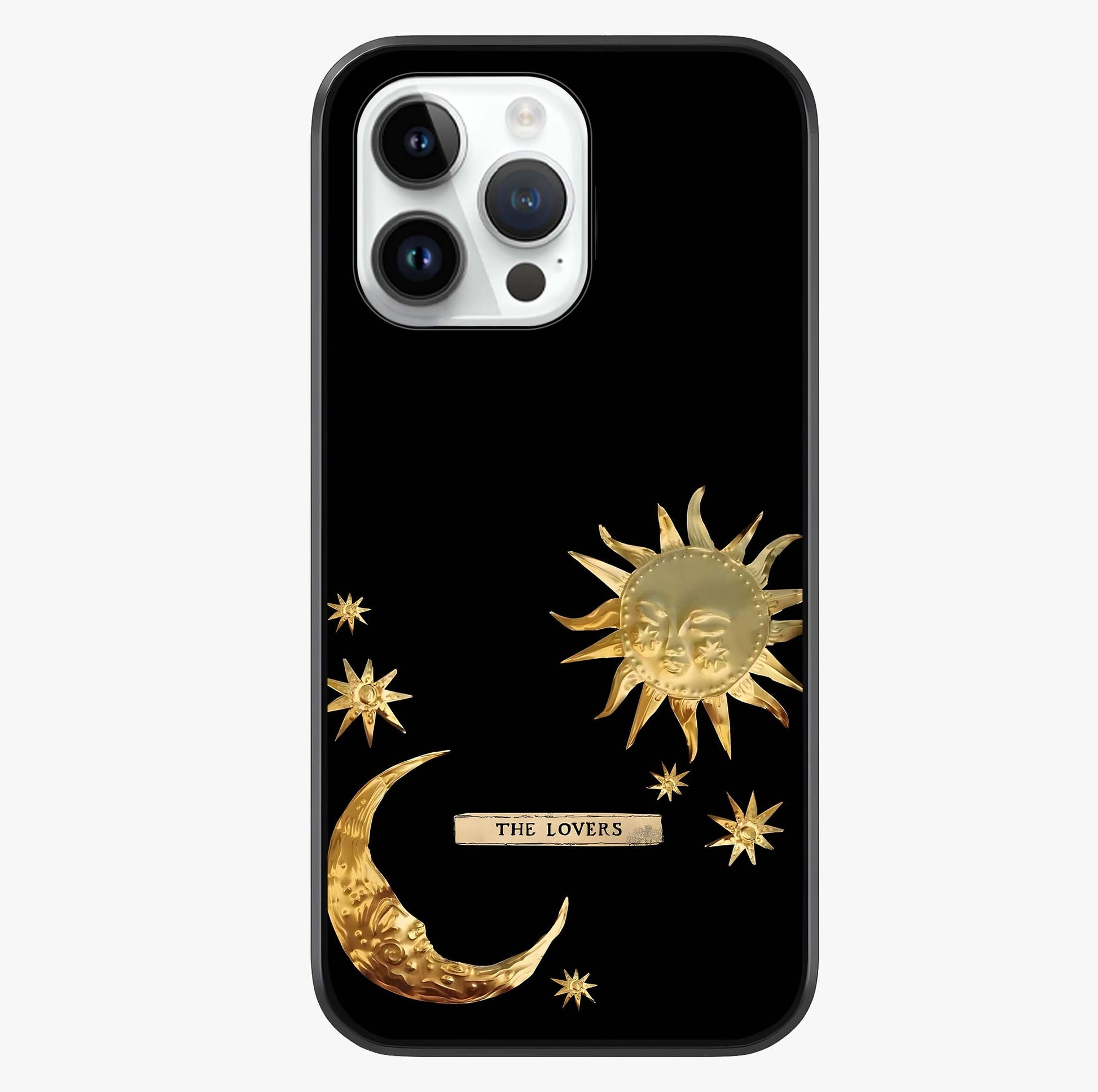Golden Celestial Charm Glass Case showing full back design in clean flat view with glossy glass finish.