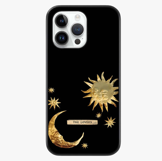 Golden Celestial Charm Glass Case showing full back design in clean flat view with glossy glass finish.
