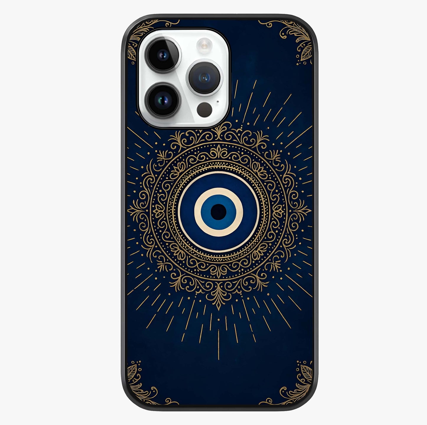 Golden Evil Eye Mandala Glass Case showing full back design in clean flat view with glossy glass finish.