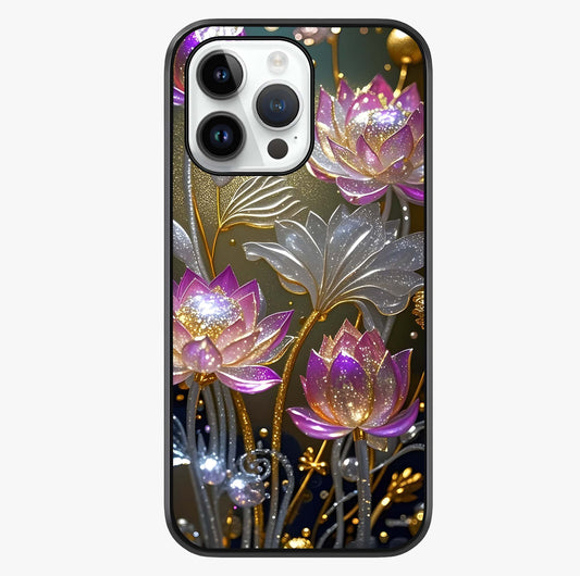 Golden Lotus Glow Glass Case showing full back design in clean flat view with glossy glass finish.