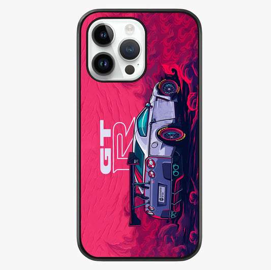 GT R Car Pattern Glass Case showing full back design in clean flat view with glossy glass finish.