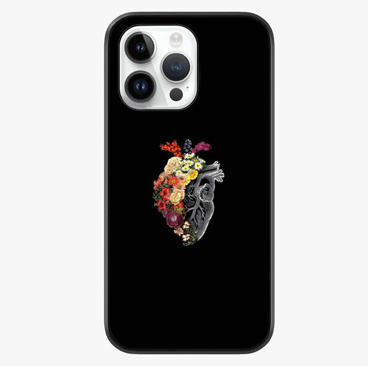 Heart With Flowers Glass Case showing full back design in clean flat view with glossy glass finish.