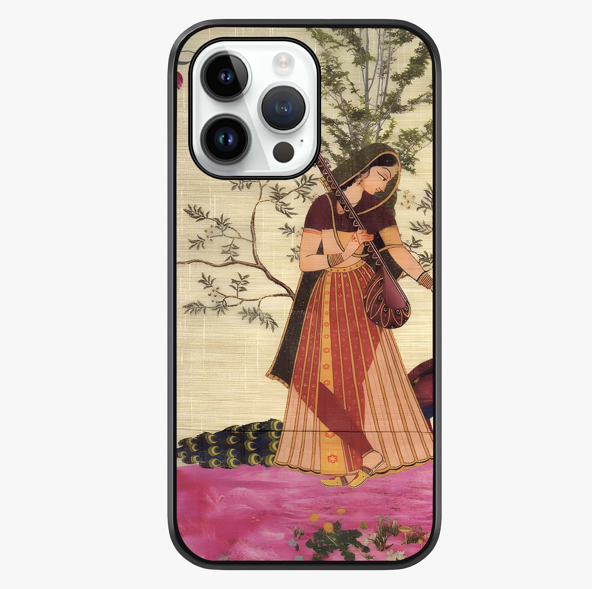 Lady With Veena Art Glass Case showing full back design in clean flat view with glossy glass finish.