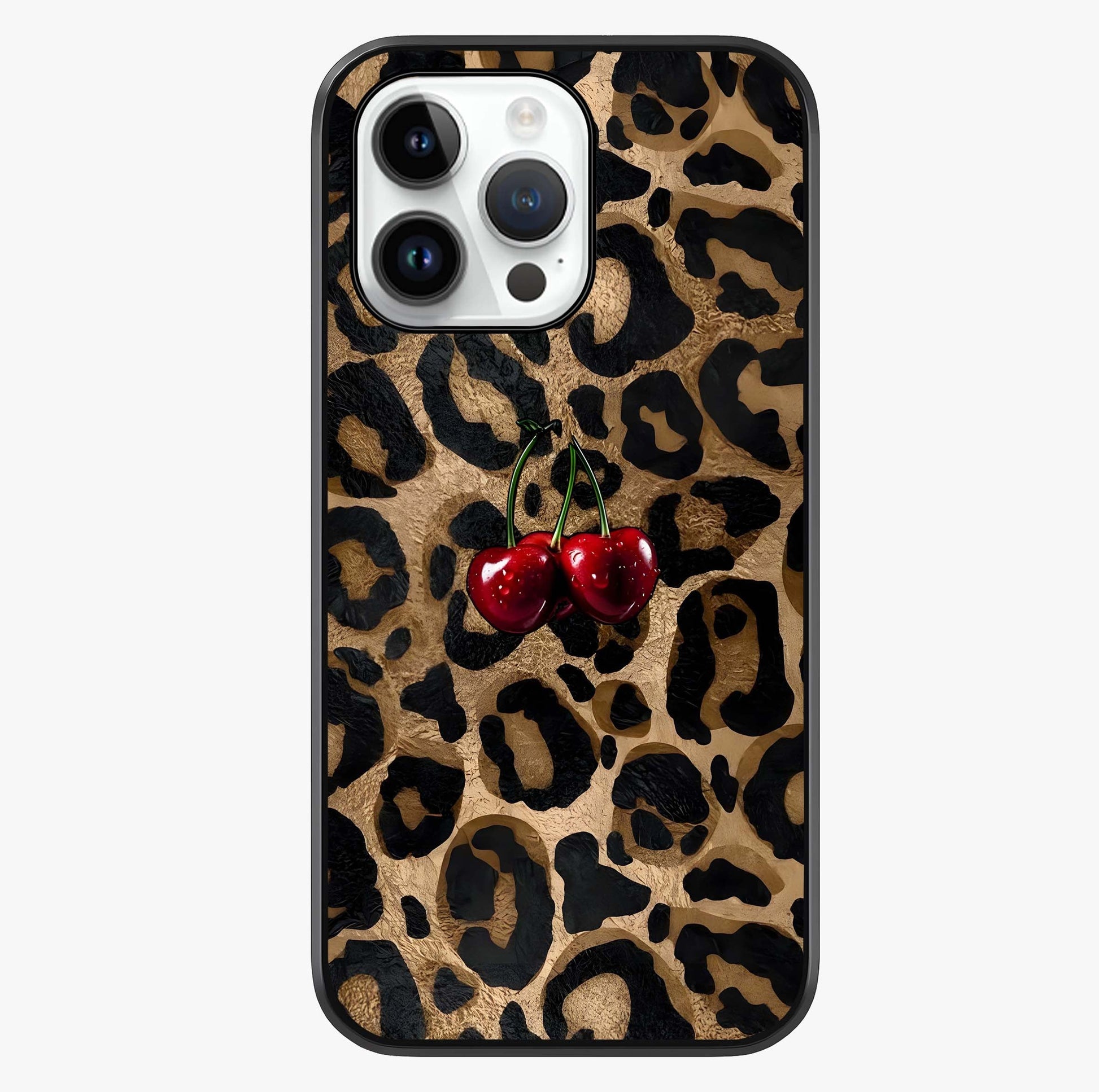 Leopard Wild Cherry Glass Case showing full back design in clean flat view with glossy glass finish.