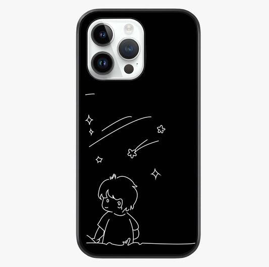 Line Art Boy With Shooting Stars Glass Case showing full back design in clean flat view with glossy glass finish.
