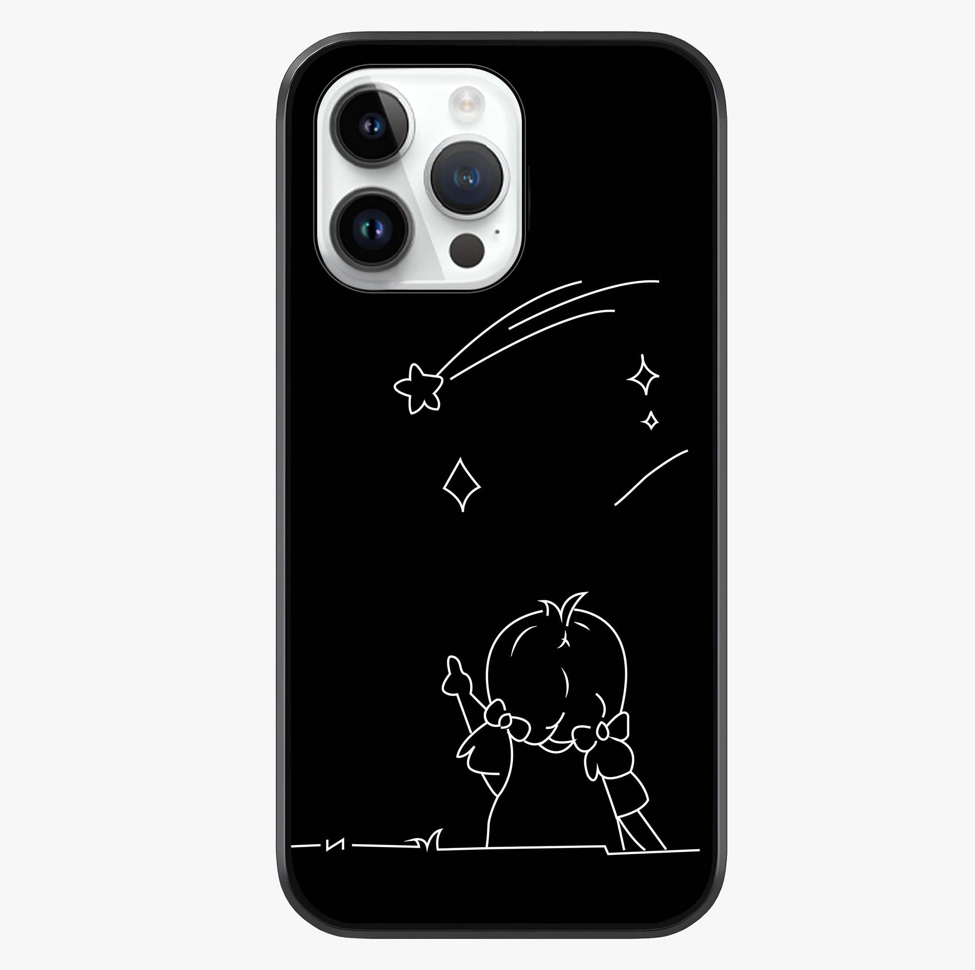 Line Art Girl With Shooting Stars Glass Case showing full back design in clean flat view with glossy glass finish.