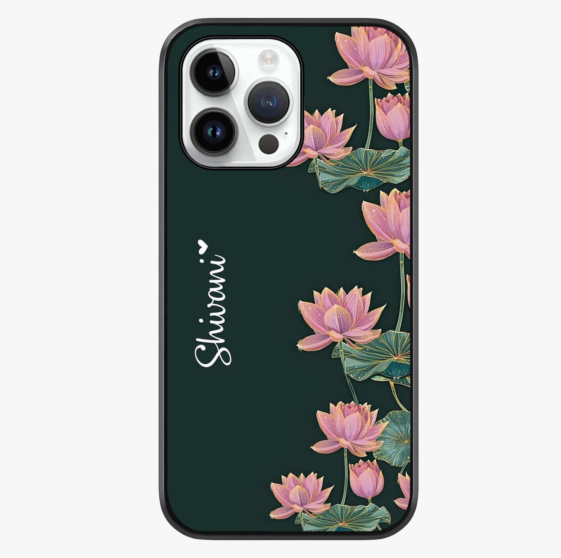 Lotus Bloom Serenity Custom Name Glass Case showing full back design in clean flat view with glossy glass finish.