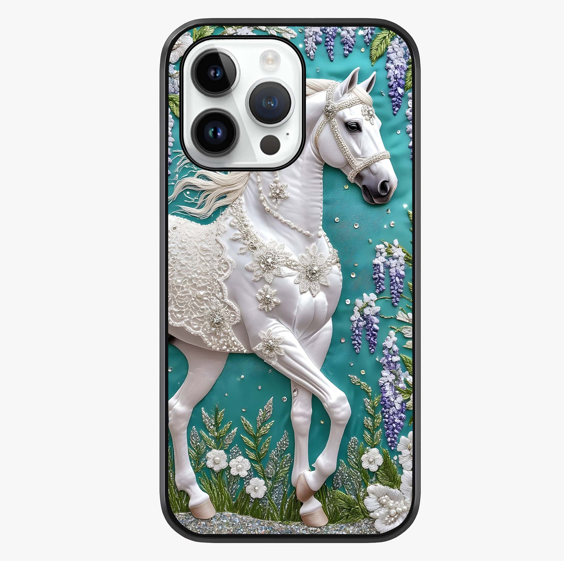 Majestic Floral Stallion Glass Case showing full back design in clean flat view with glossy glass finish.
