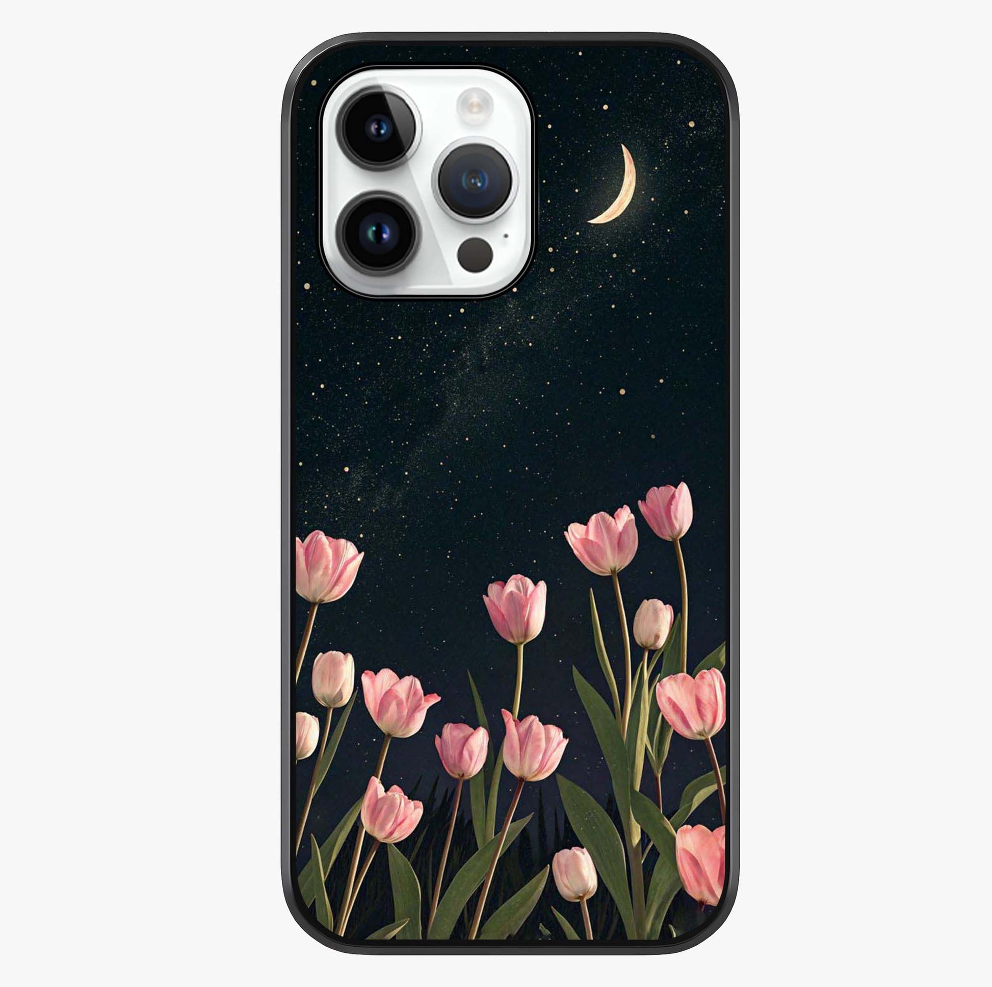 Midnight Tulip Whispers Vibe Glass Case showing full back design in clean flat view with glossy glass finish.