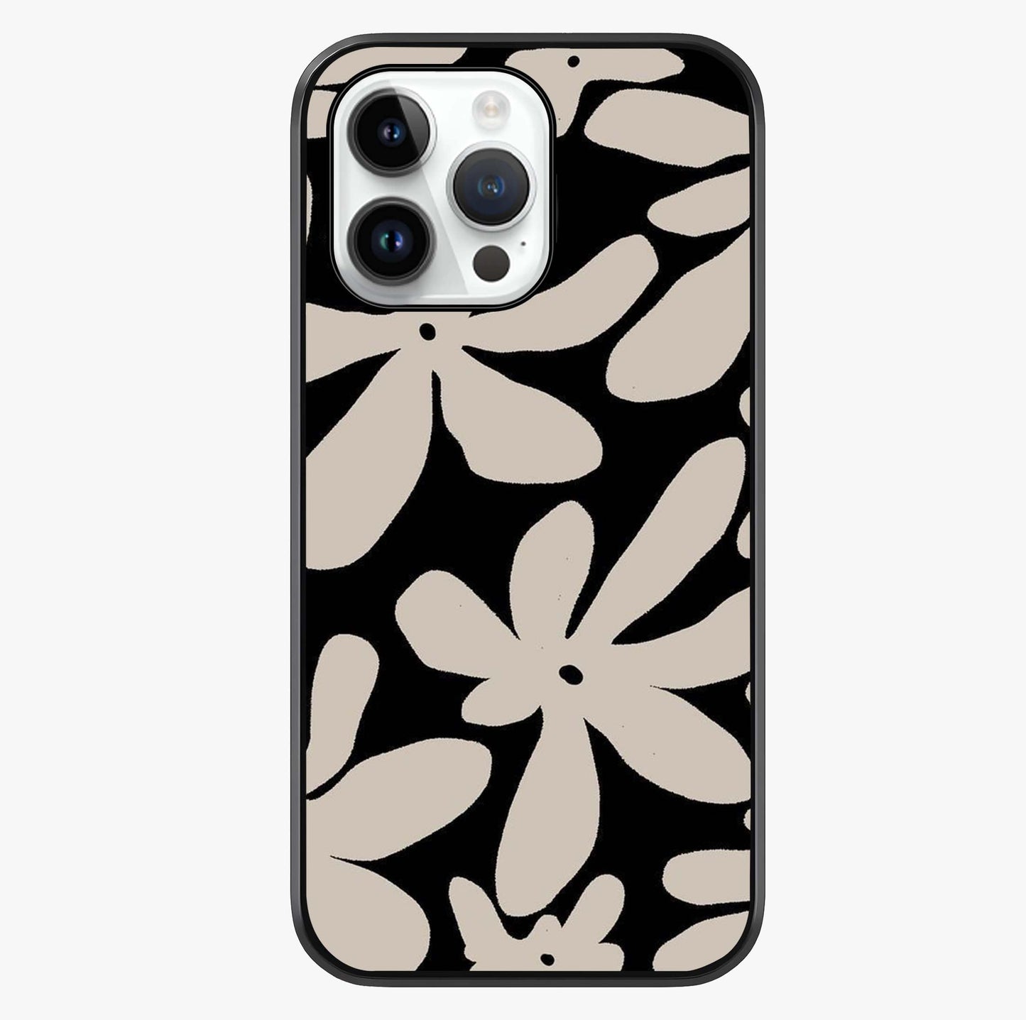 Monochrome Petal Dance Glass Case showing full back design in clean flat view with glossy glass finish.