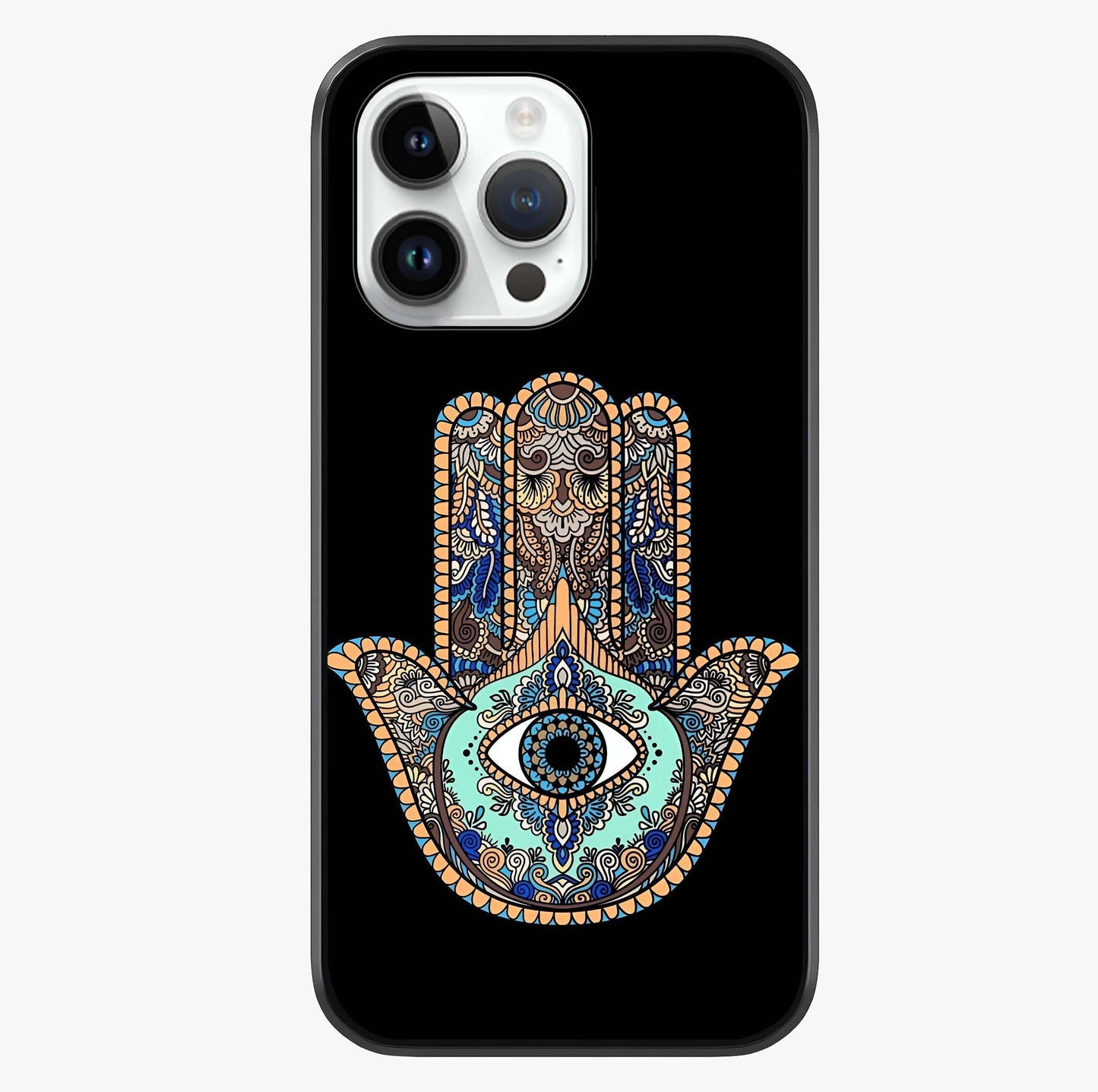 Mystic Hamsa Eye Glass Case showing full back design in clean flat view with glossy glass finish.