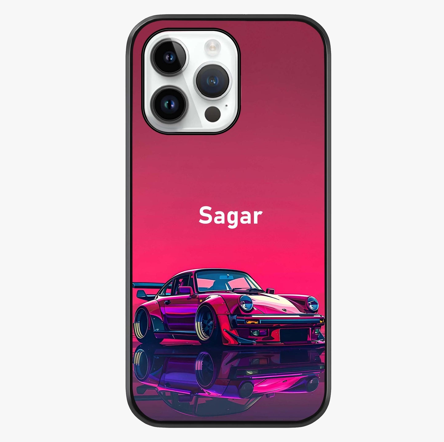 Neon Pink Porsche Glass Case showing full back design in clean flat view with glossy glass finish.