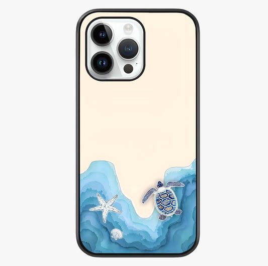 Ocean Drift Turtle Glass Case showing full back design in clean flat view with glossy glass finish.