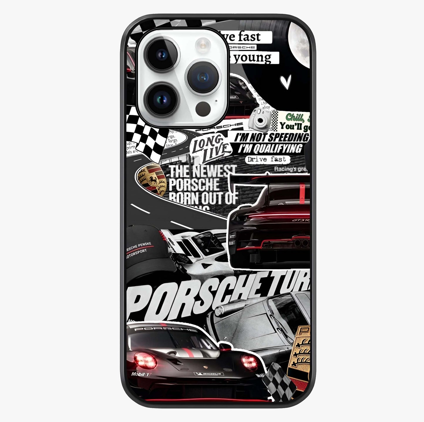 Porsche Racing Collage Glass Case showing full back design in clean flat view with glossy glass finish.
