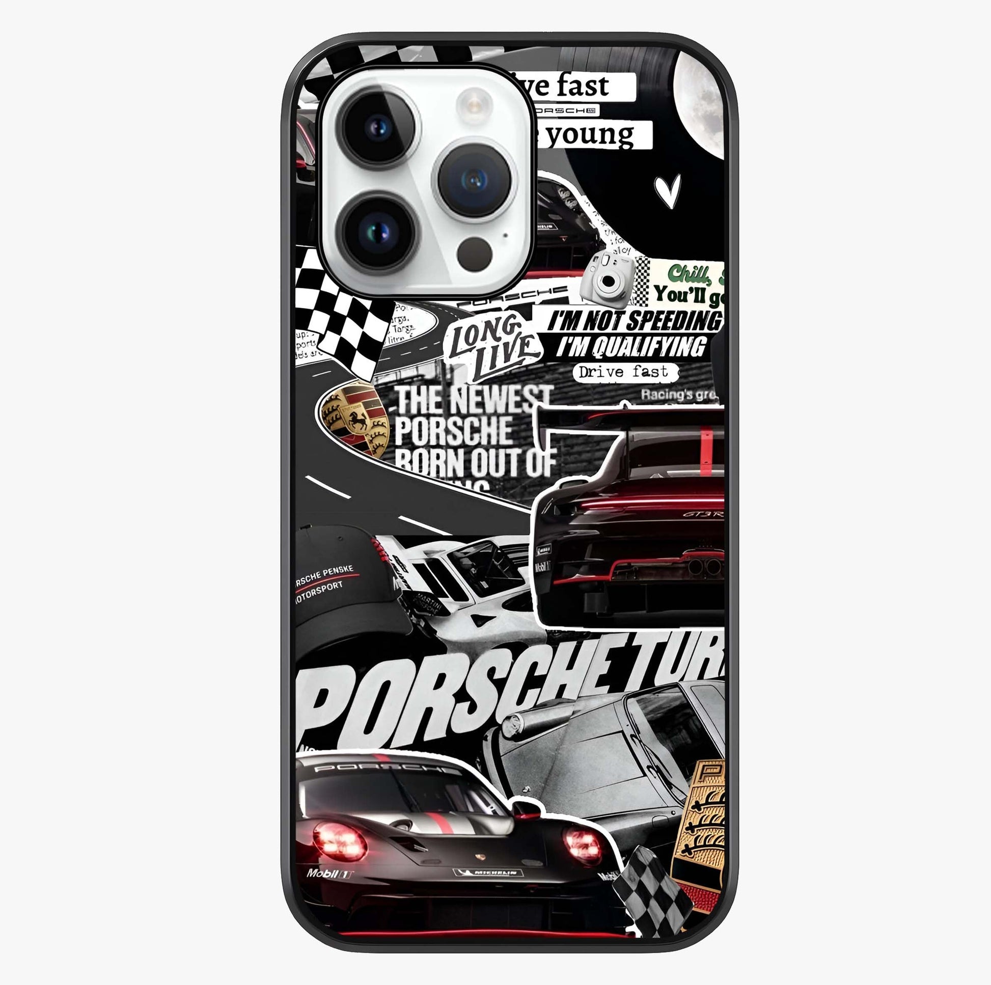 Porsche Racing Collage Glass Case showing full back design in clean flat view with glossy glass finish.