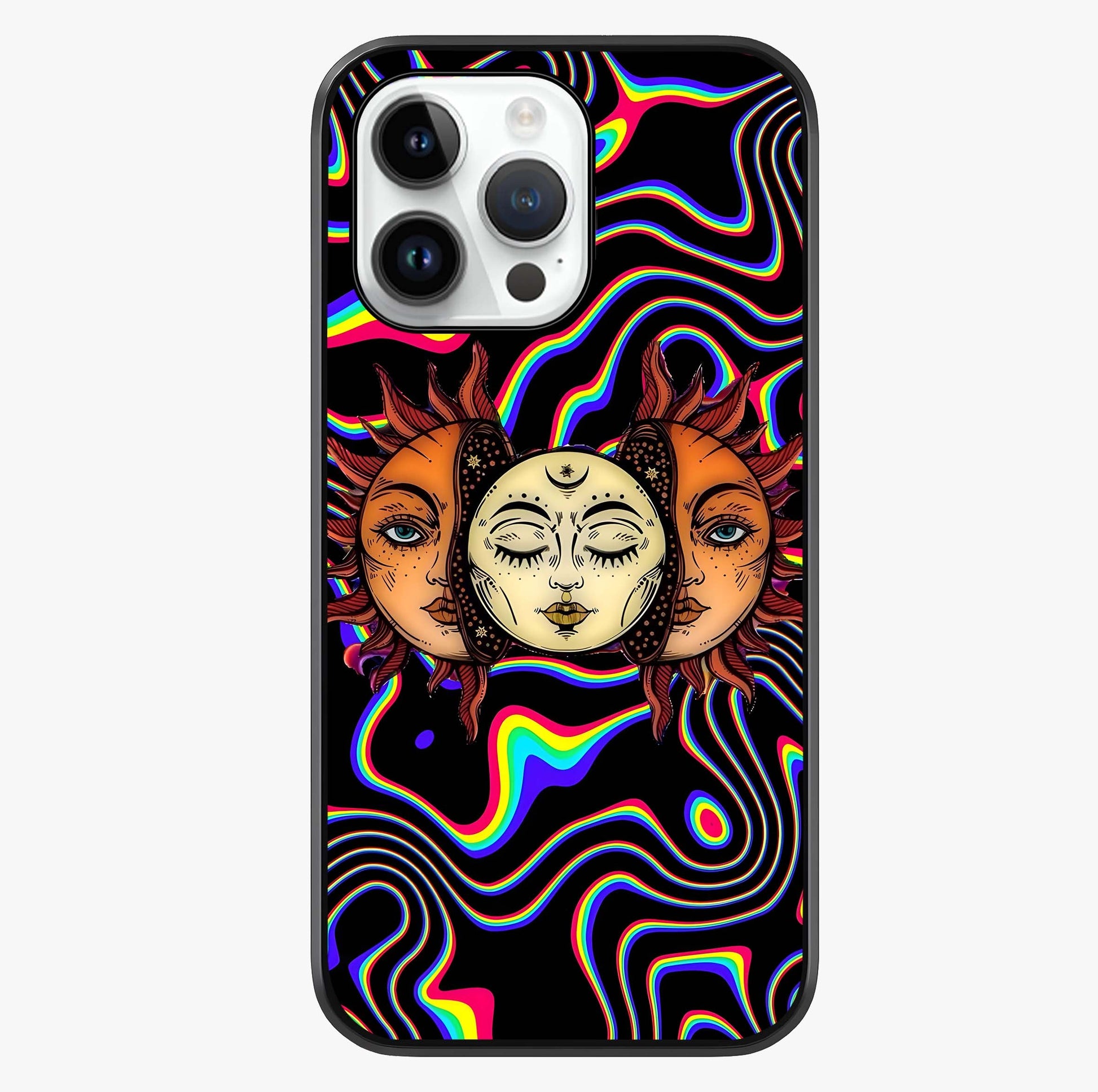 Psychedelic Sun Glass Case showing full back design in clean flat view with glossy glass finish.