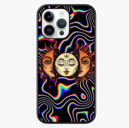 Psychedelic Sun Glass Case showing full back design in clean flat view with glossy glass finish.