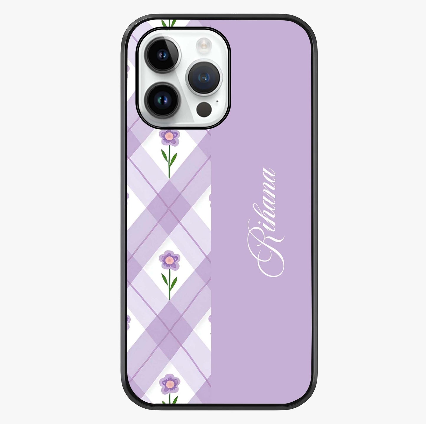 Purple Diamond Floral Glass Case showing full back design in clean flat view with glossy glass finish.