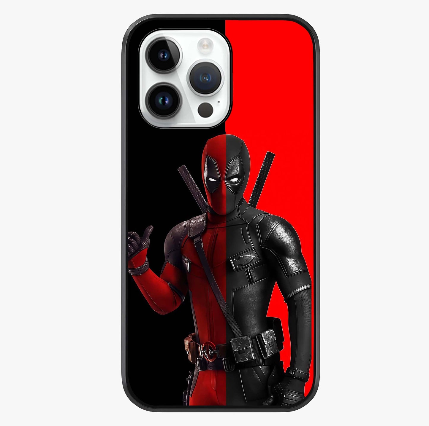 Red & Black Deadpool Theme Glass Case showing full back design in clean flat view with glossy glass finish.