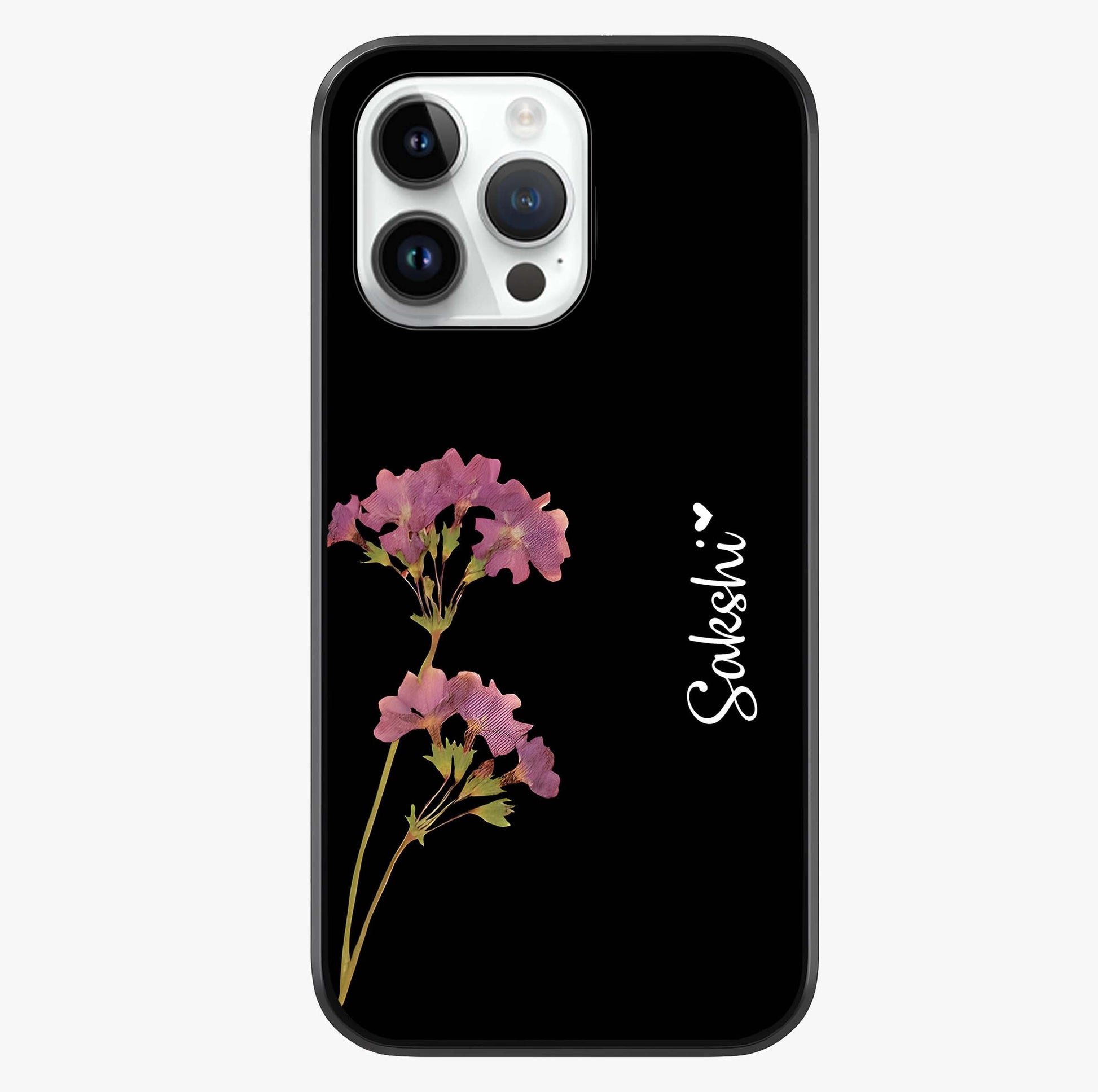 Riching Lavender Flower Custom Name Glass Case showing full back design in clean flat view with glossy glass finish.