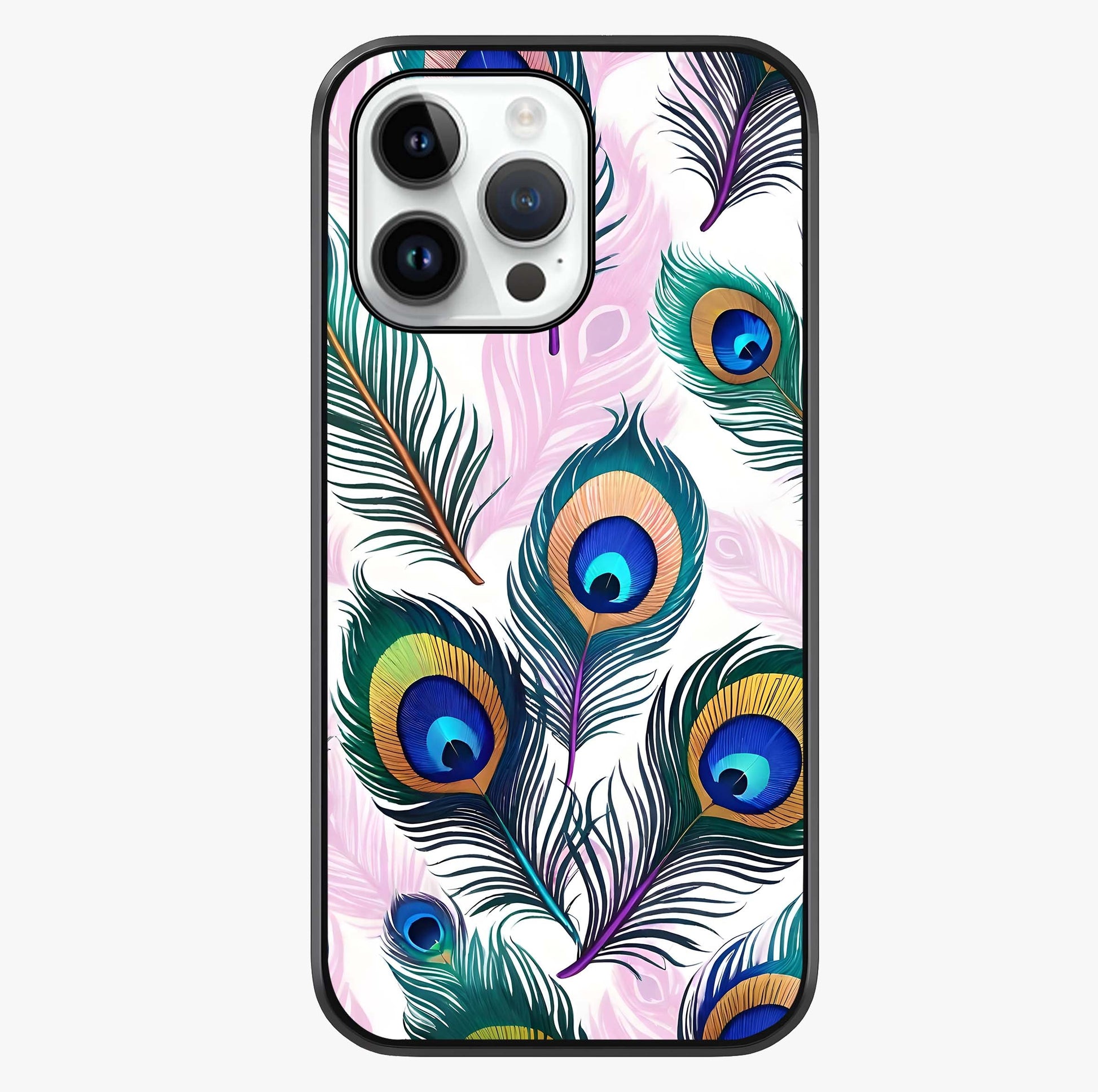 Royal Peacock Feathers Glass Case showing full back design in clean flat view with glossy glass finish.