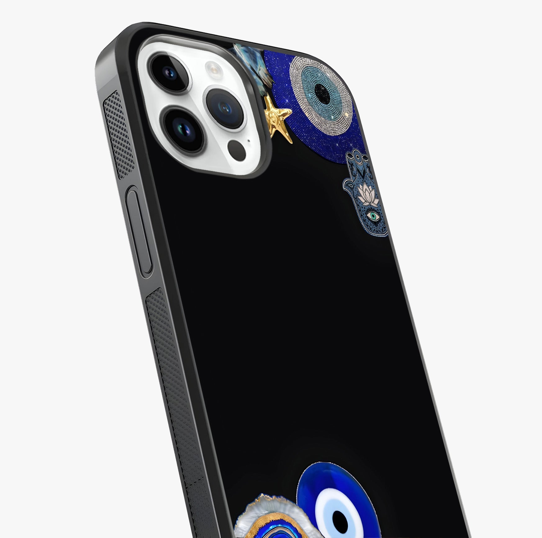 Aesthetic Blue Evil Eye Glass Case captured at a warm angle highlighting gloss, texture and premium glass finish.