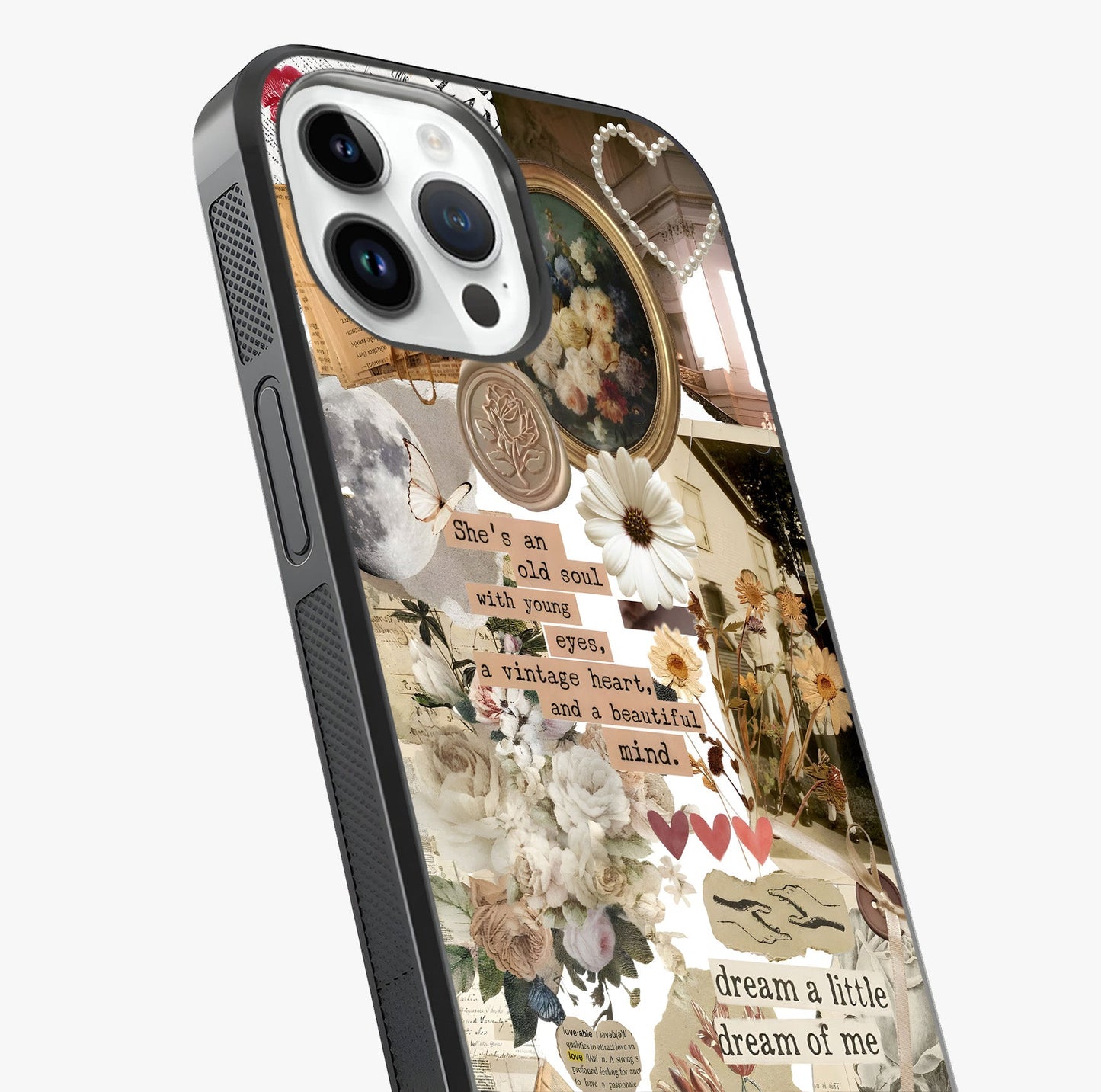 Aesthetic Brown Vintage Collage Glass Case captured at a warm angle highlighting gloss, texture and premium glass finish.