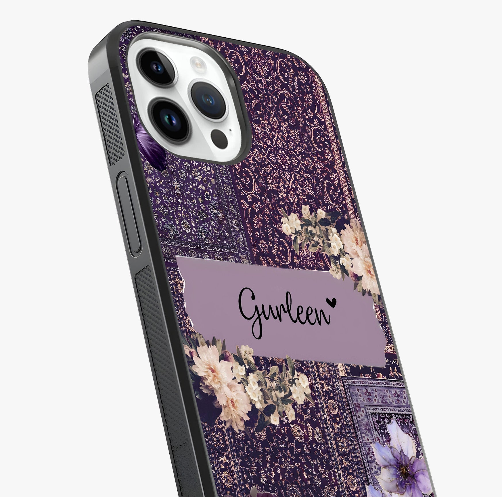Antique Floral Whisper Custom Name Glass Case captured at a warm angle highlighting gloss, texture and premium glass finish.
