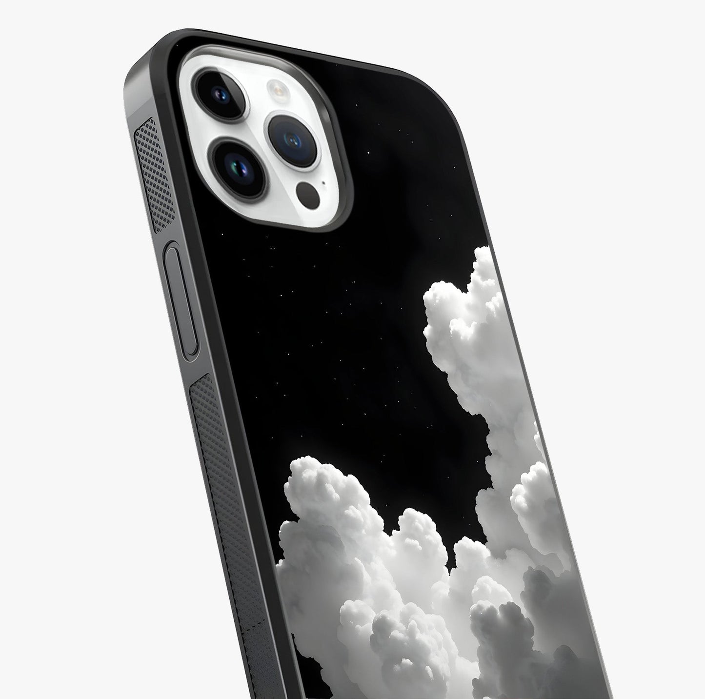 Black Background With White Cloud Glass Case captured at a warm angle highlighting gloss, texture and premium glass finish.
