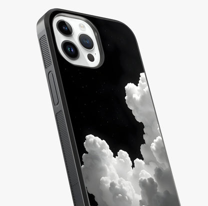 Black Background With White Cloud Glass Case captured at a warm angle highlighting gloss, texture and premium glass finish.