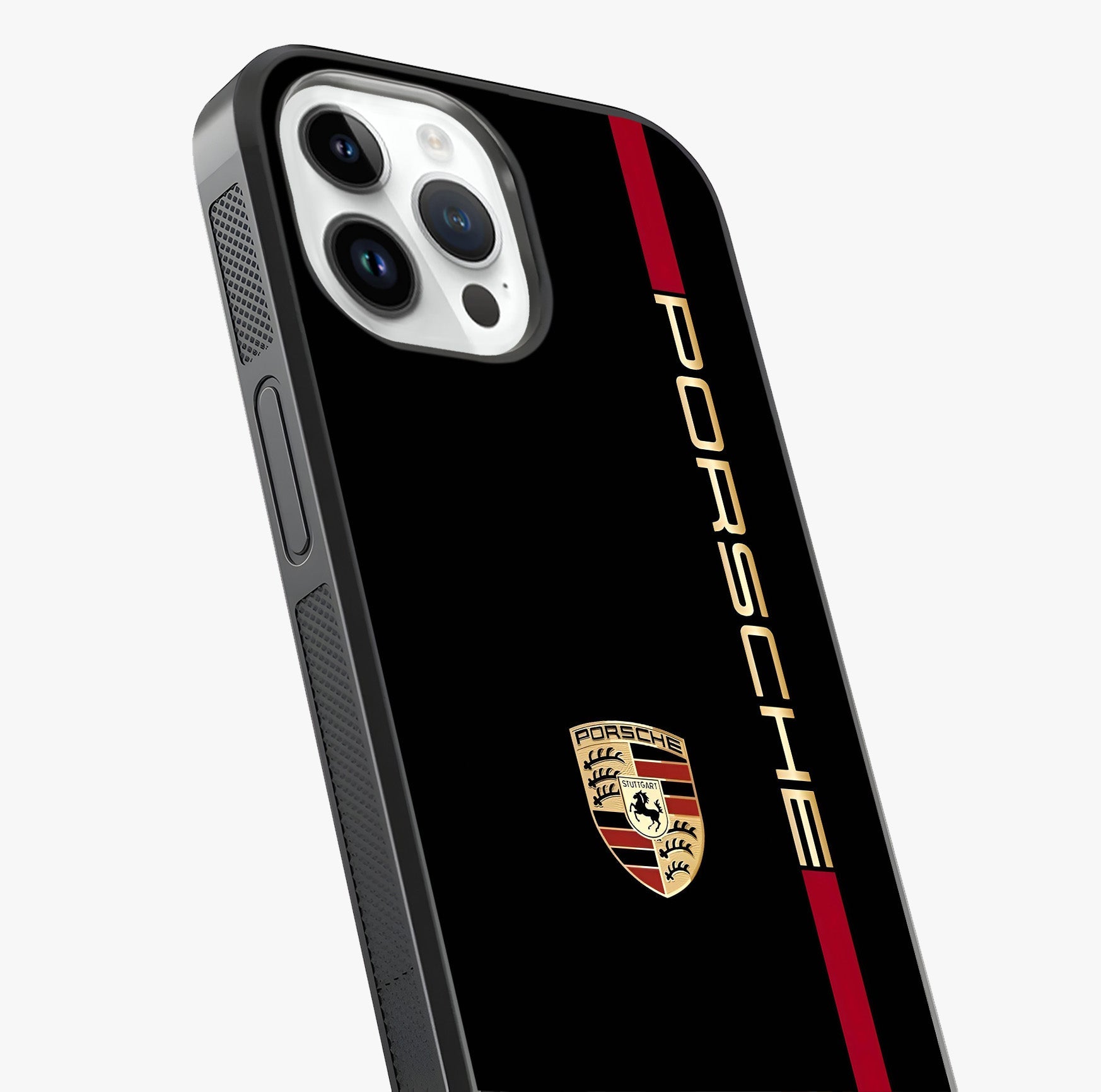 Black Minimal Porsche Glass Case captured at a warm angle highlighting gloss, texture and premium glass finish.