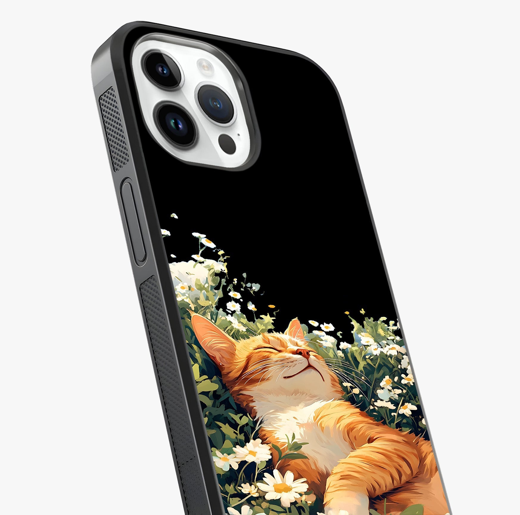 Blissful Bloom Cat Glass Case captured at a warm angle highlighting gloss, texture and premium glass finish.