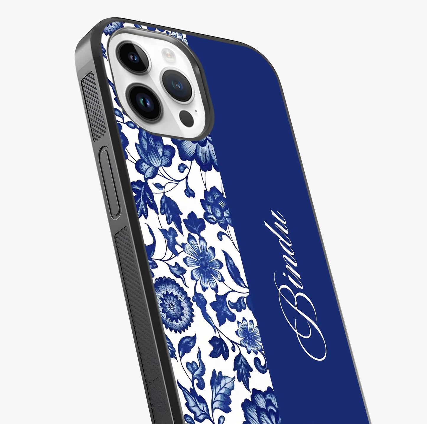 Blue Vintage Floral Pattern Glass Case captured at a warm angle highlighting gloss, texture and premium glass finish.