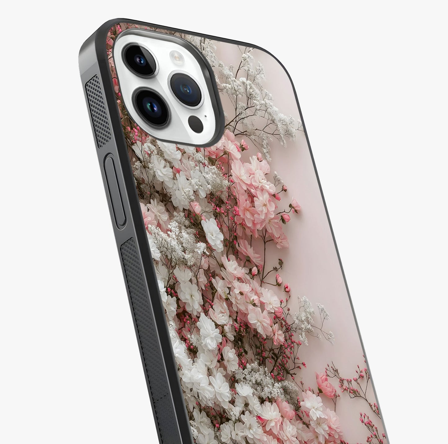 Blush Blossom Cloud Glass Case captured at a warm angle highlighting gloss, texture and premium glass finish.