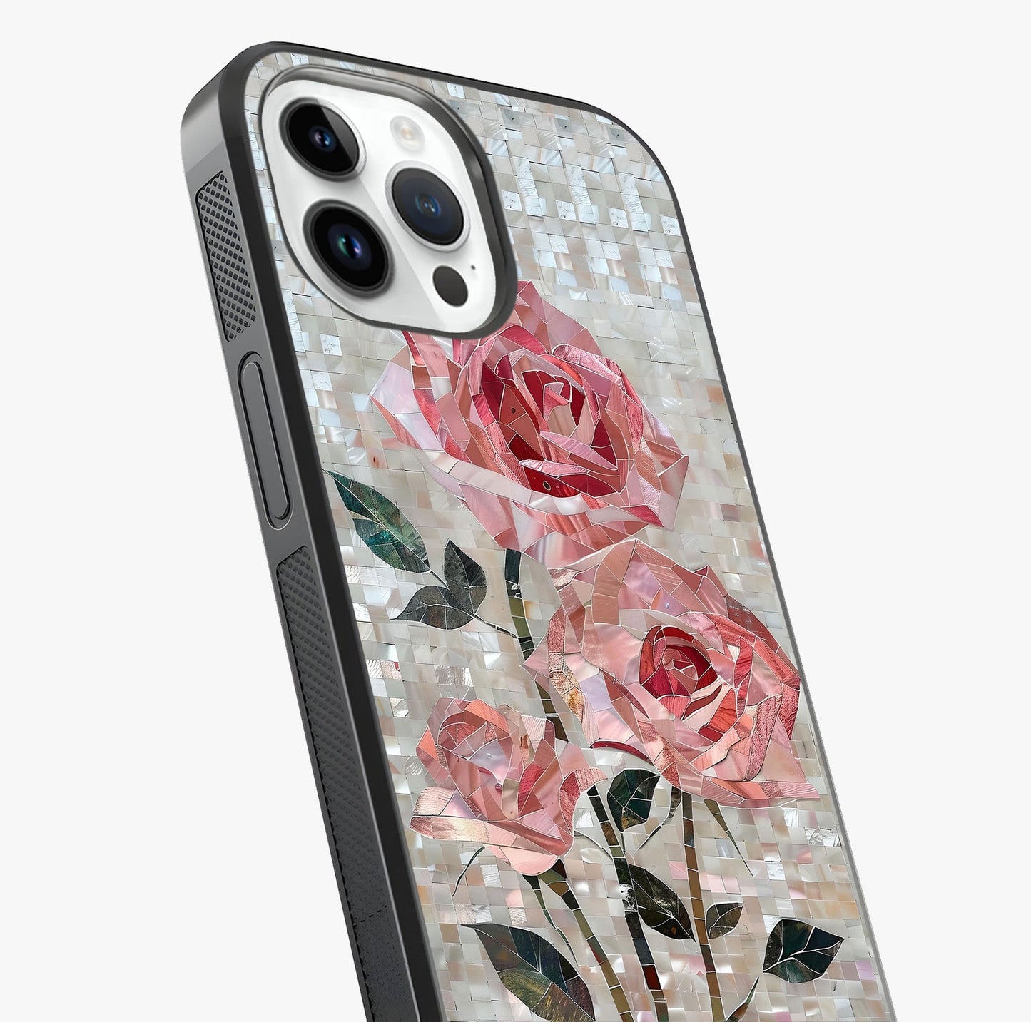 Blush Mosaic Bloom Glass Case captured at a warm angle highlighting gloss, texture and premium glass finish.