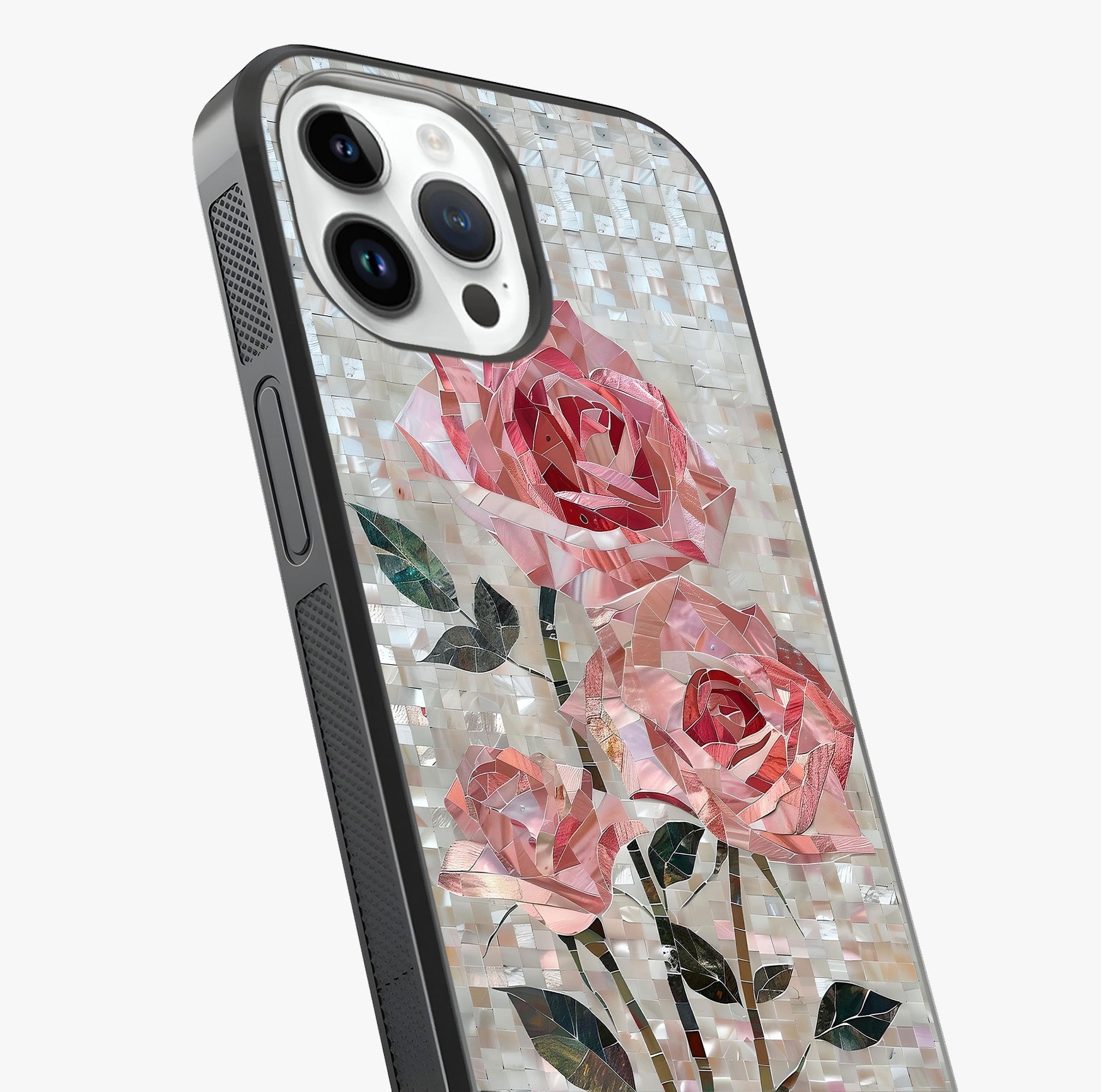 Blush Mosaic Bloom Glass Case captured at a warm angle highlighting gloss, texture and premium glass finish.